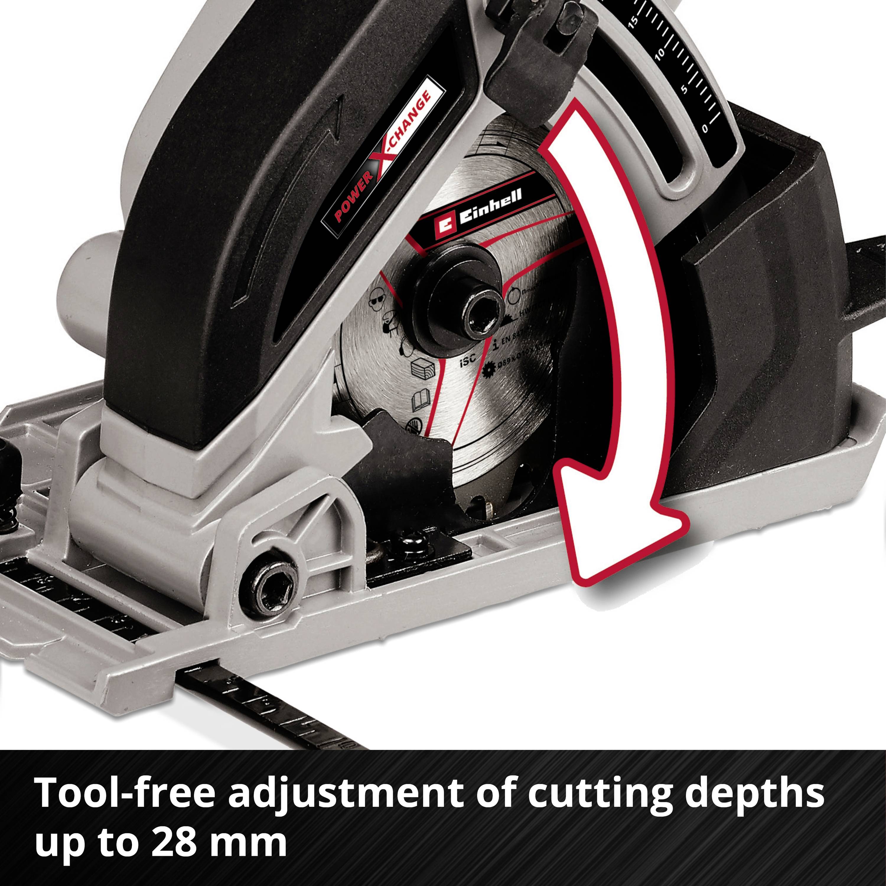 Mitre saw with red arrow indicates setting for cutting depth. Text below: 'Tool-free depth adjustment up to 28 mm'.