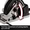Mitre saw with red arrow indicates setting for cutting depth. Text below: 'Tool-free depth adjustment up to 28 mm'.