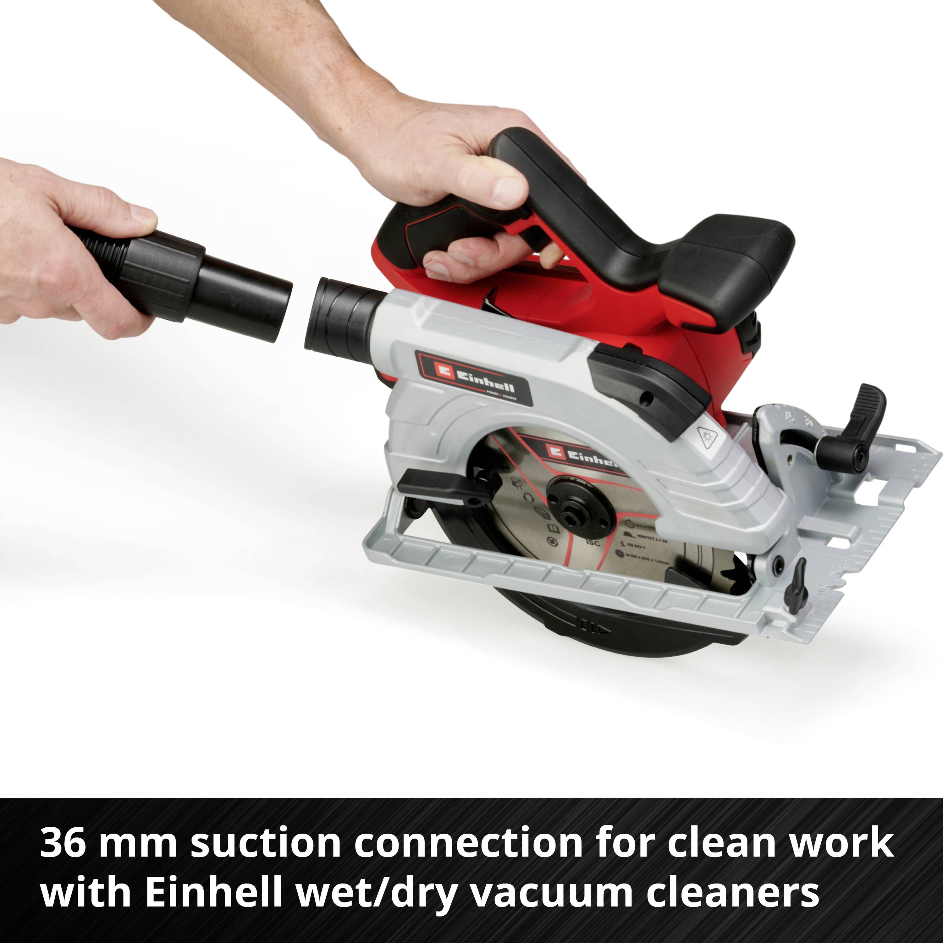 Hand holding a circular saw with a 36 mm dust extraction port, text: 'Dust extraction port for clean working with Einhell wet and dry vacuums'.