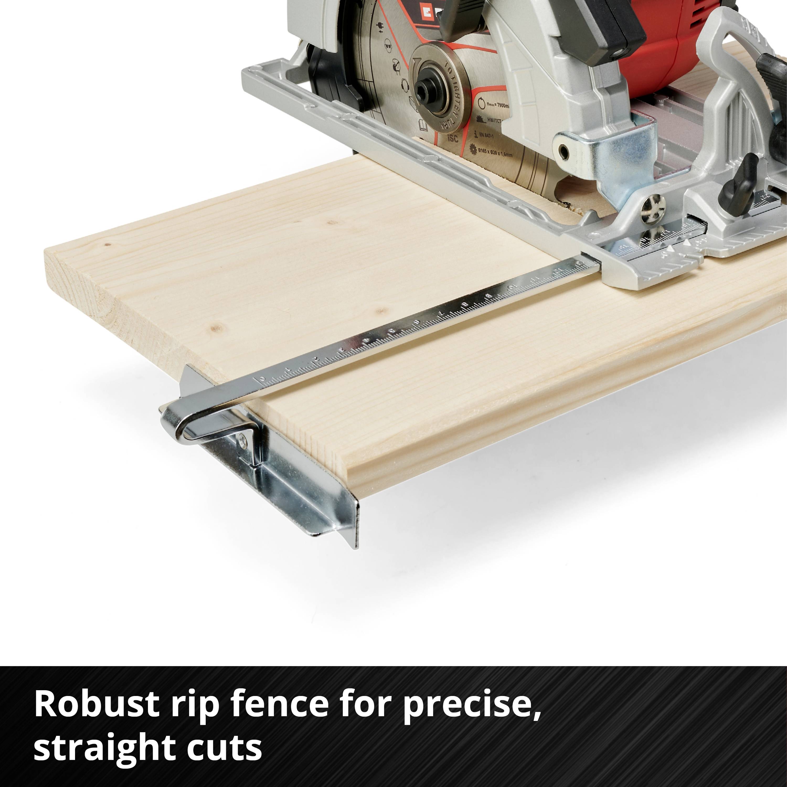 A circular hand saw cuts wood with a robust parallel guide, which enables precise and parallel cuts.