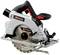 A portable handheld circular saw in black and grey with a red accent. It has a silver-coloured saw blade and ergonomic handles.