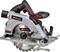 Portable, battery-powered handheld circular saw with a silver casing, black handle and visible circular saw blade, suitable for woodworking.