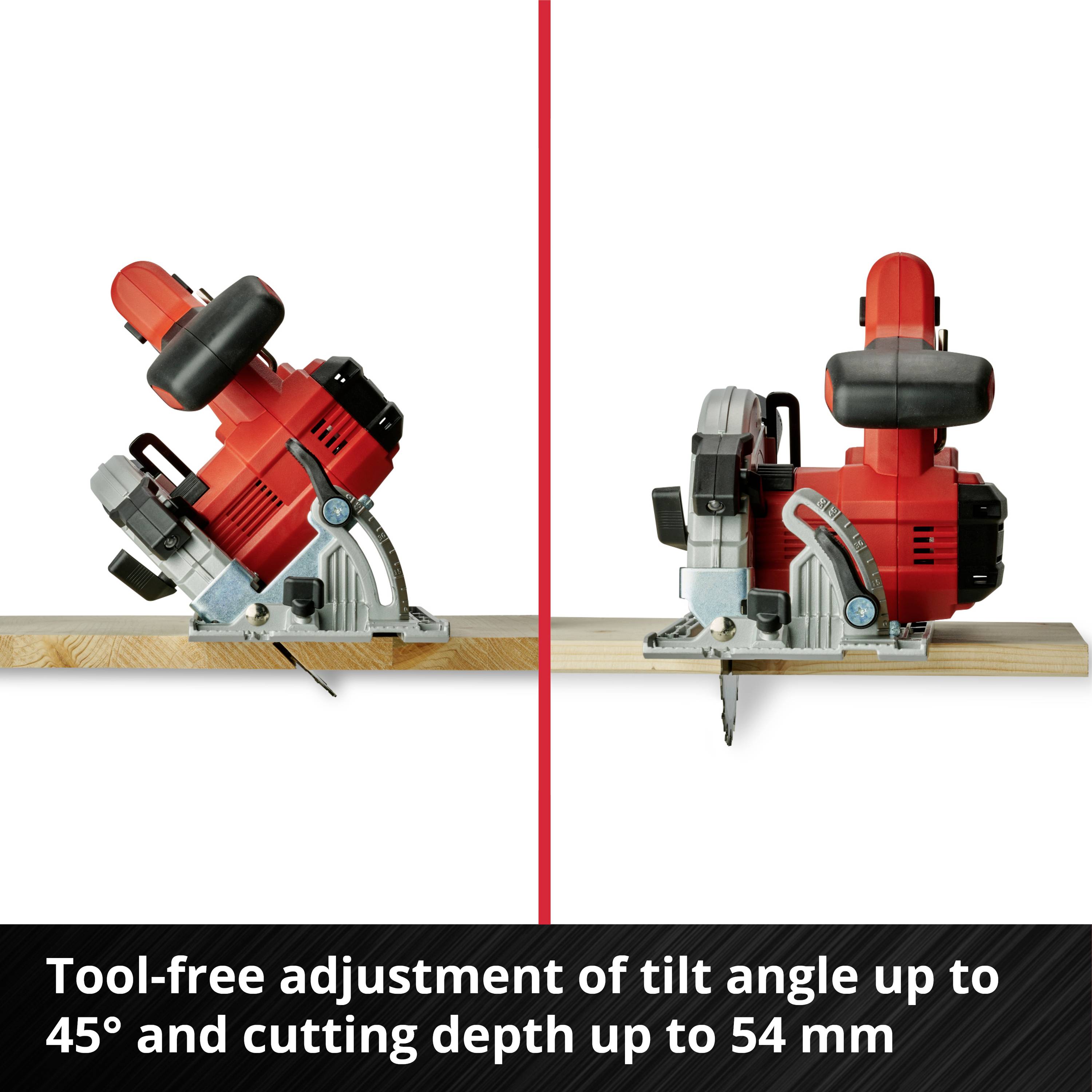 'Tool-free adjustment of tilt angle up to 45° and cutting depth up to 54 mm.' Two red circular saws side by side on wood.