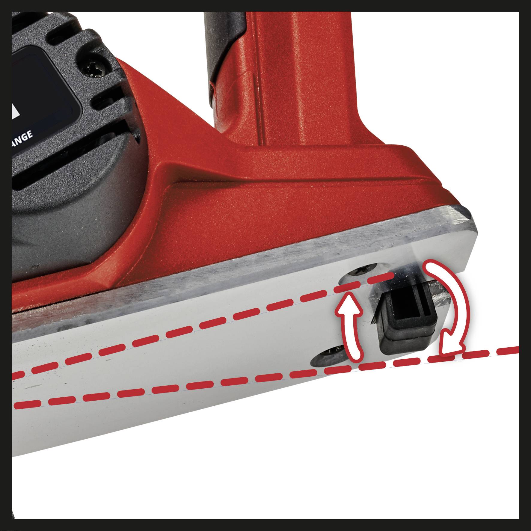 A red electric planer with an edge and cutting guide line is shown. An arrow points to the adjustment screw.