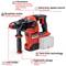 A red cordless drill hammer with labels describing features: Speed Electronics, Brushless Motor, Twin-Pack Technology, Ergonomic Design, and Tool Attachment.