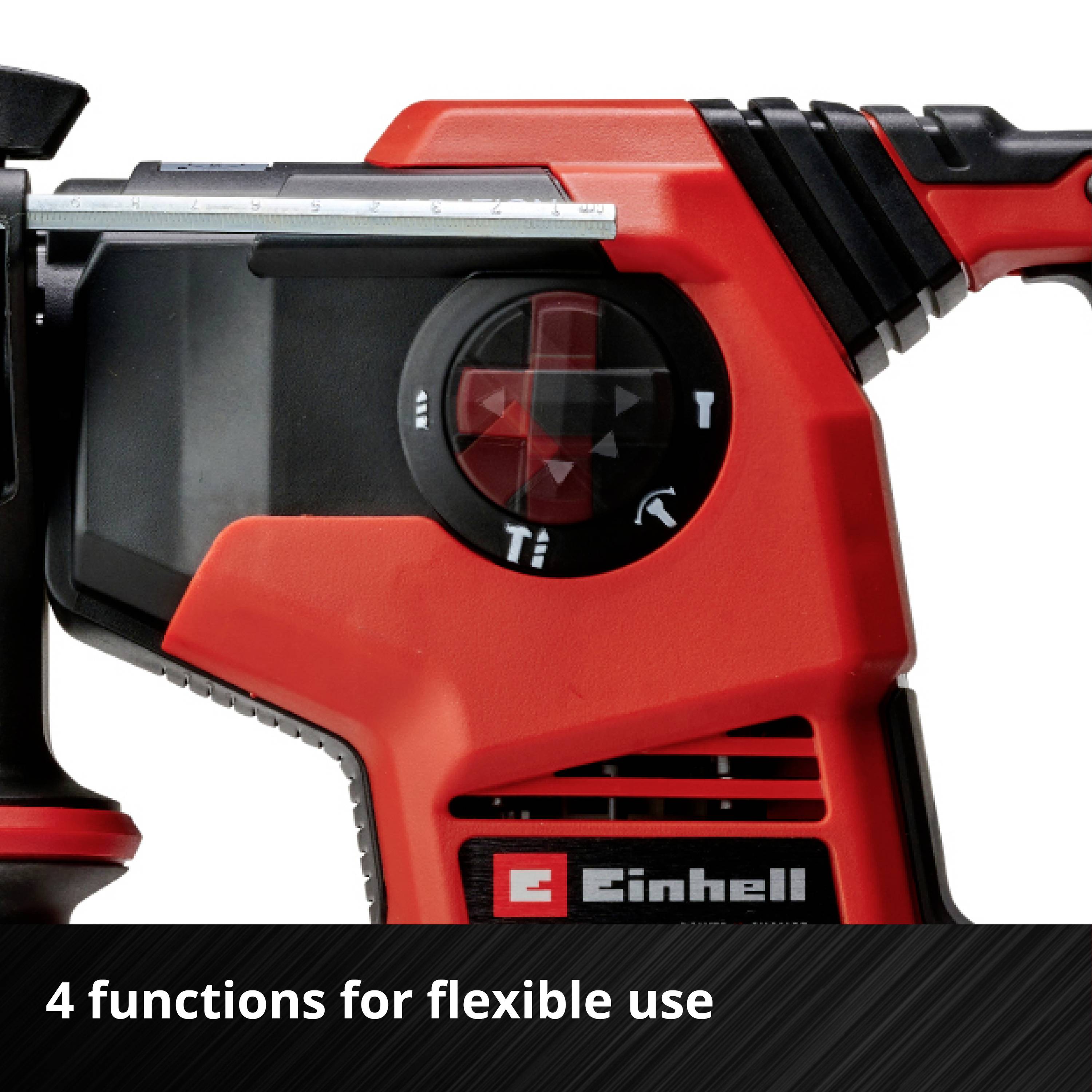 A red electrical device by Einhell with an indicator for four flexible functions.