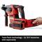 Cordless drill in red and black with two batteries. One battery is being held in a hand. Text: 'Twin-Pack Technology - 2x 18 V batteries available separately'.