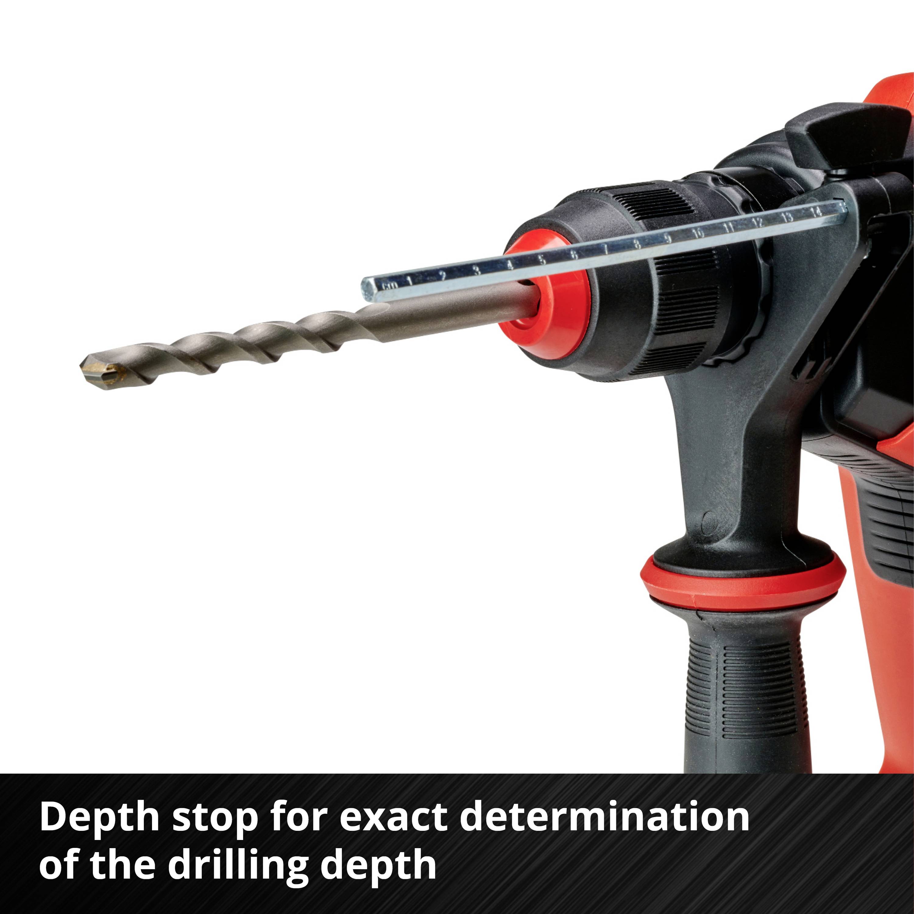 A drill with depth stop rod for determining drilling depth. Text below: 'Depth stop for precise determination of drilling depth'.
