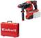 Red hammer drill with black handle and removable battery, next to a red tool case with 'Einhell' logo.