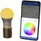 Intelligent light bulb next to a smartphone with an open app for controlling light colour. Colour wheel shows various setting options.