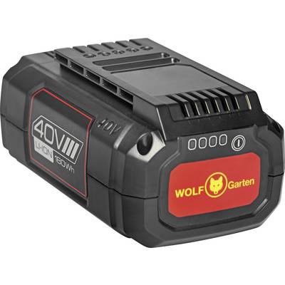 'WOLF Garten' Battery Pack, 40V Li-Ion 180Wh, black, red and black details, side view, robust construction.