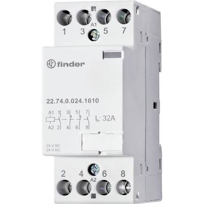 A white electronic relay with the inscription 'Finder 22.74.0.024.1610', showing connection options and rating '32A, 24V AC/DC'.