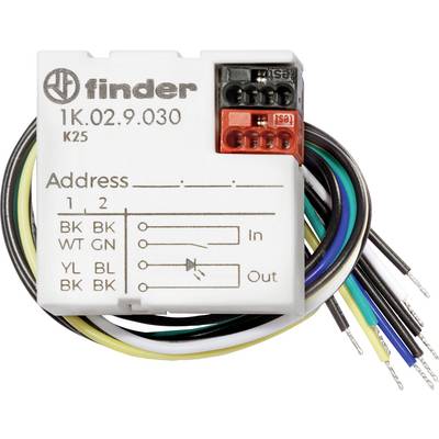 An electronic component with cable connections, showing coloured wires and connection points. Text: 'Address' and 'In/Out'.