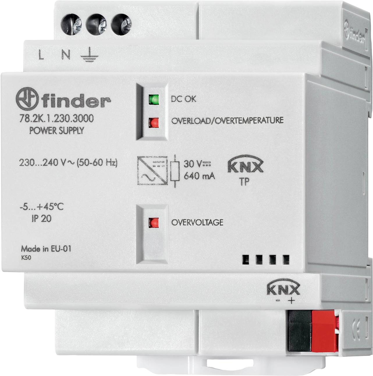 White KNX power supply unit in DIN rail housing with LED indicators, surge protection, and technical specifications on the front.
