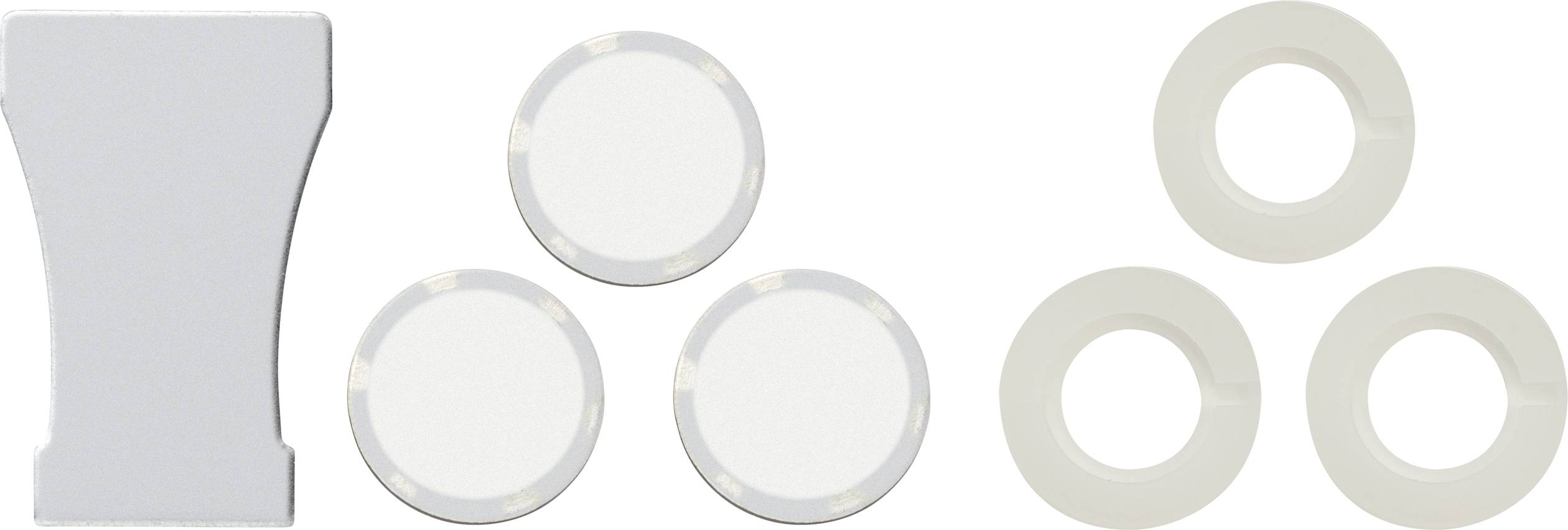 'Various white and grey plastic components in different shapes and sizes, grouped on a white background.'