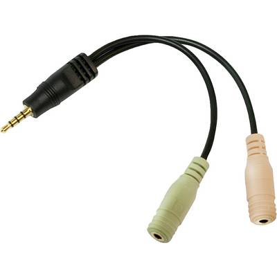 An adaptor cable with a 3.5mm plug on one side and two sockets, one green and one pink, on the other side.