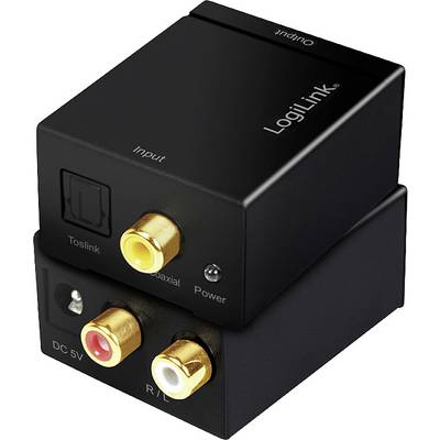 'Black digital to analogue audio converter with TOSLINK and coaxial input, red and white RCA outputs and power connection.'