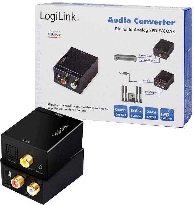 'LogiLink Audio Converter, Digital to Analogue SPDIF/COAX, supports Coaxial and Toslink Inputs, LED Indicator, 24-Bit Conversion.'