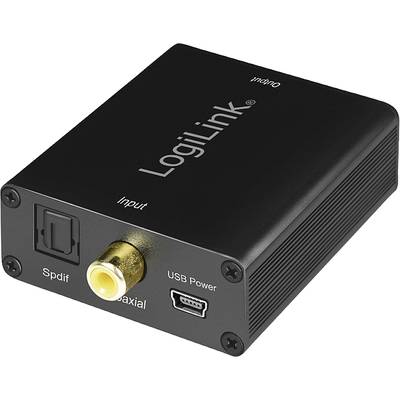 A small, black audio converter by LogiLink with SPDIF, coaxial, and USB power connection. 'LogiLink' inscription visible.
