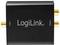 'LogiLink' audio converter with 'Input' and 'Output' labels on the sides. Black casing with gold-coloured connections.