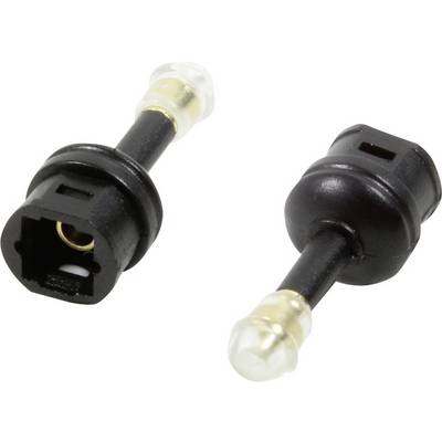 Two black fibre optic connectors with transparent tips and gold-coloured contacts, arranged diagonally.