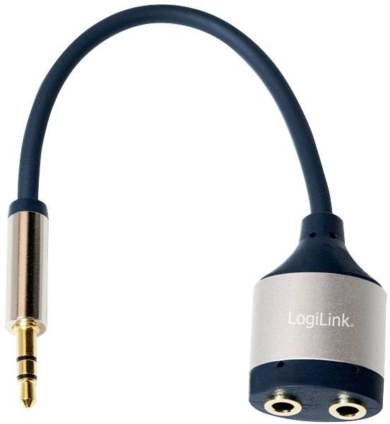 A LogiLink audio adapter with a 3.5 mm plug and two 3.5 mm sockets for connecting headphones or speakers.