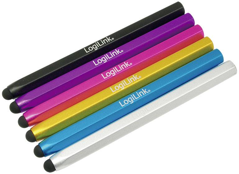 Six colourful stylus pens by LogiLink in the colours Black, Purple, Blue, Pink, Gold and Silver, lying side by side.