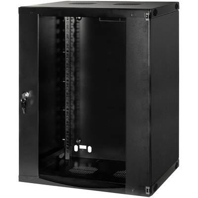 A black, empty wall-mounted cabinet with a glass door, ideal for storing network equipment. The door can be locked.
