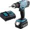 Makita cordless drill with charger, blue-black, 18V lithium-ion battery, suitable for DIY projects and professional applications.