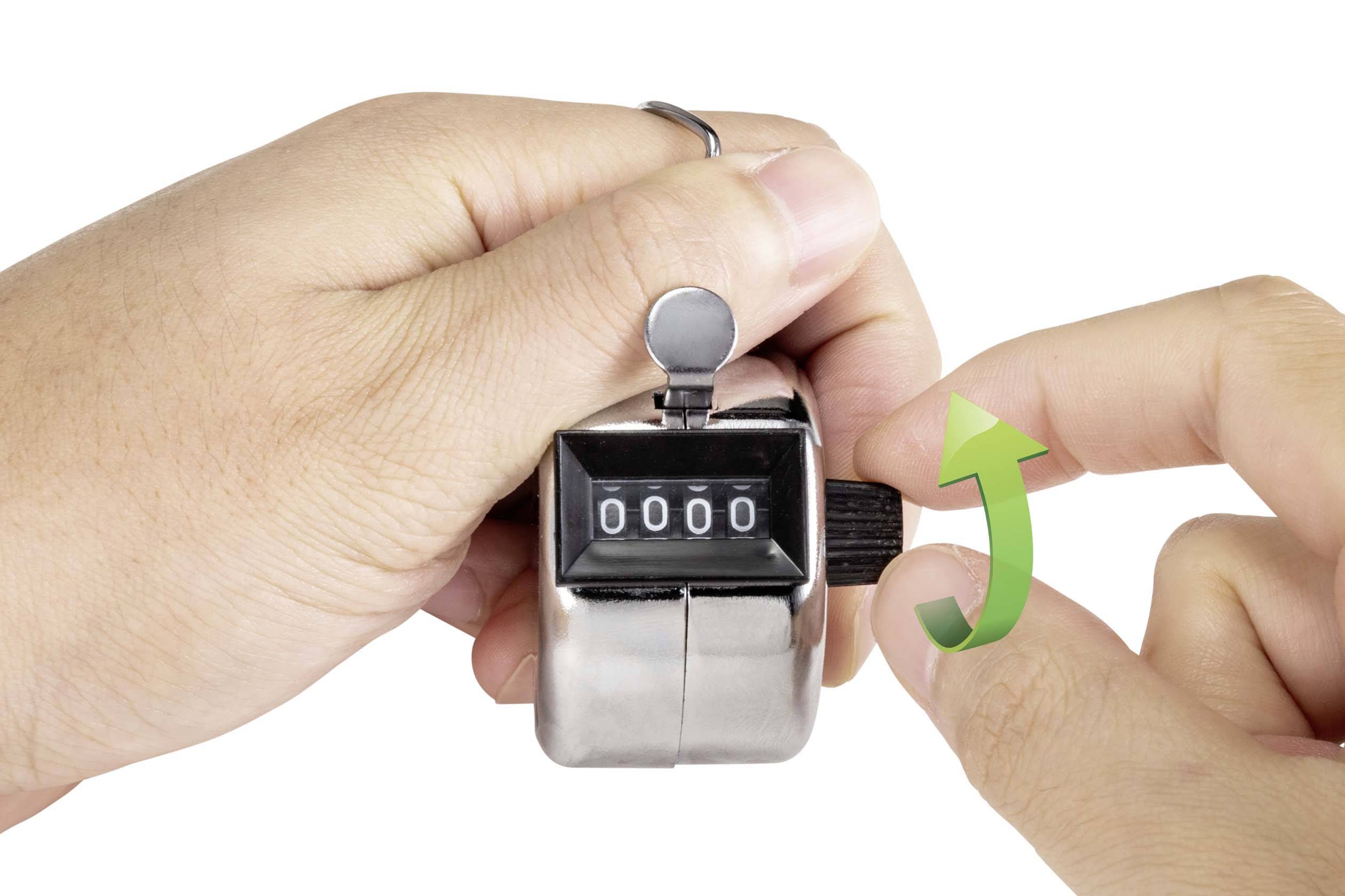 A hand holds a manual counter at zero, a green arrow indicates movement, and the number increases.