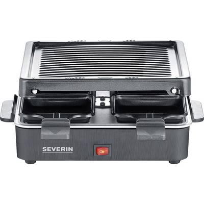 Raclette grill with two small pans and ridged grill plate, suitable for preparing meat, vegetables and cheese.