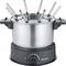 A stainless steel electric fondue pot with adjustable temperature and eight forks in different colours for sociable dining.