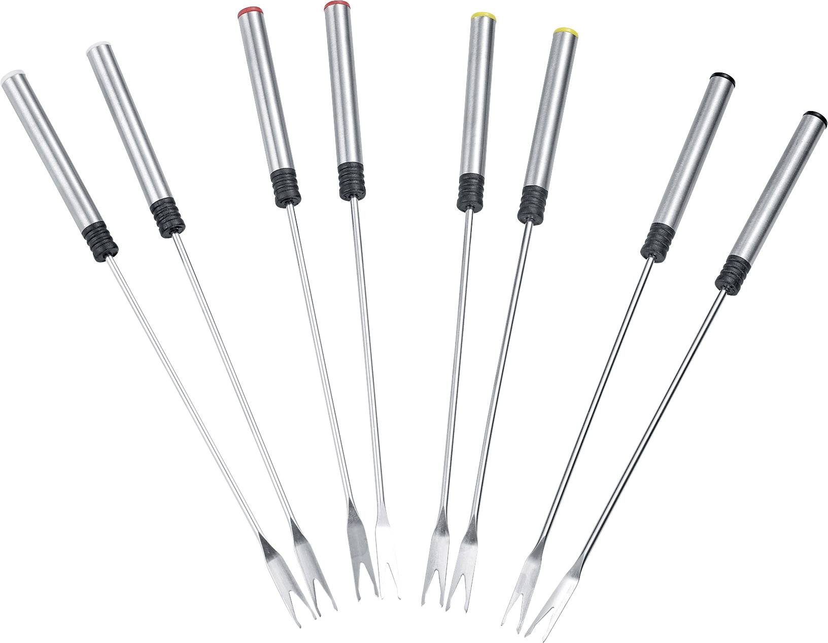 A set of eight fondue forks with different colour markings at the handle end.
