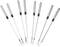A set of eight fondue forks with different colour markings at the handle end.