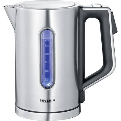 A silver electric kettle with a blue water level indicator, with a maximum capacity of 1.7 litres.