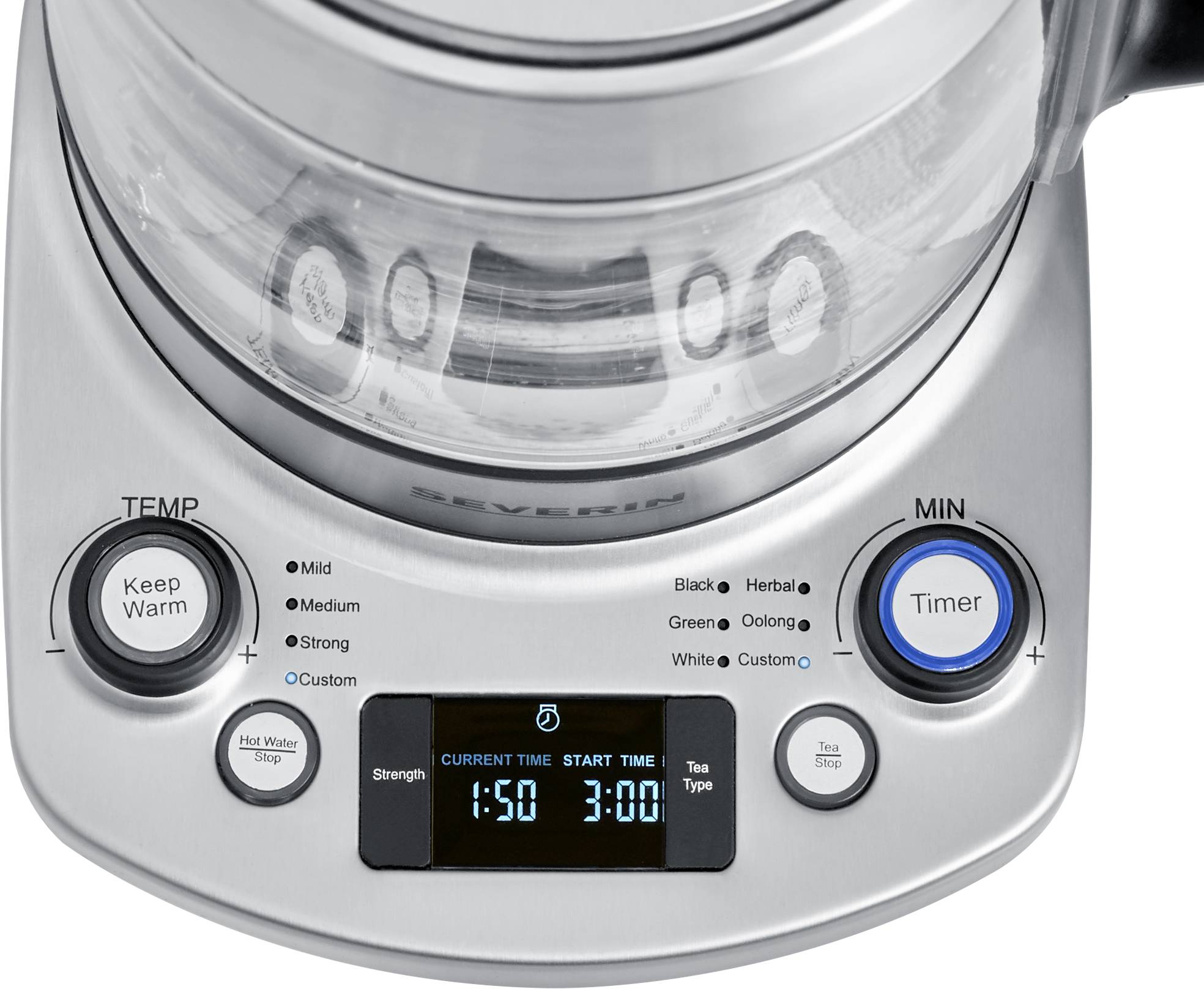 Electric kettle with various temperature settings and timer. Displays current time of 1:50 on the display.
