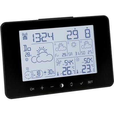 Digital weather station display shows time, date and weather forecast with sun, cloud and rain symbols for different days.