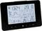 Digital weather station display shows time, date and weather forecast with sun, cloud and rain symbols for different days.