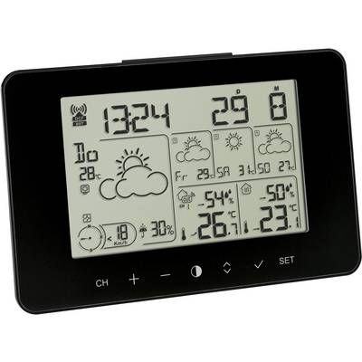 A digital weather station displays the time, date, indoor and outdoor temperature, as well as weather forecasts with symbols.