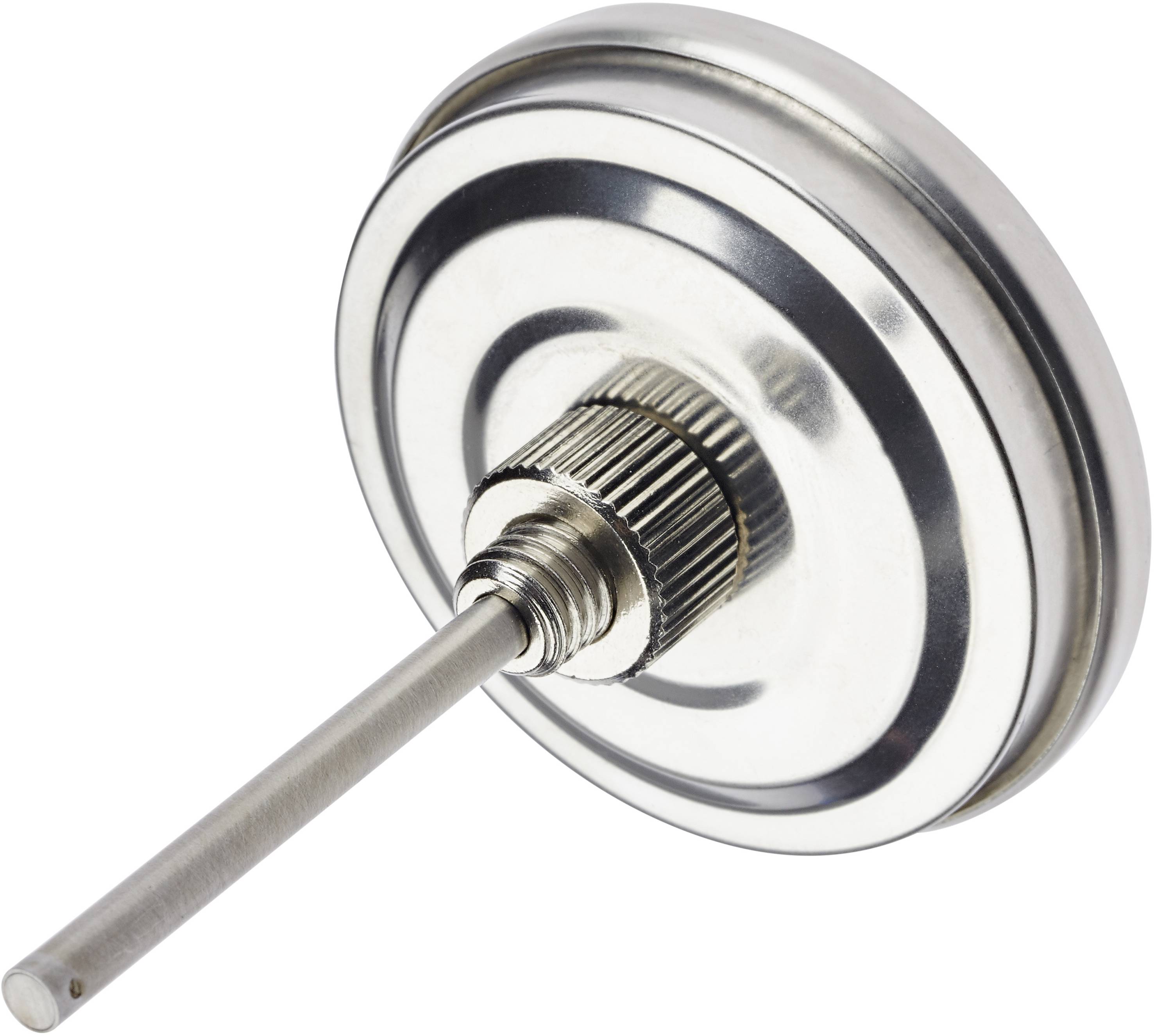 Metal sensor with long rod, suitable for monitoring machines or industrial processes. Silver-black coloured.