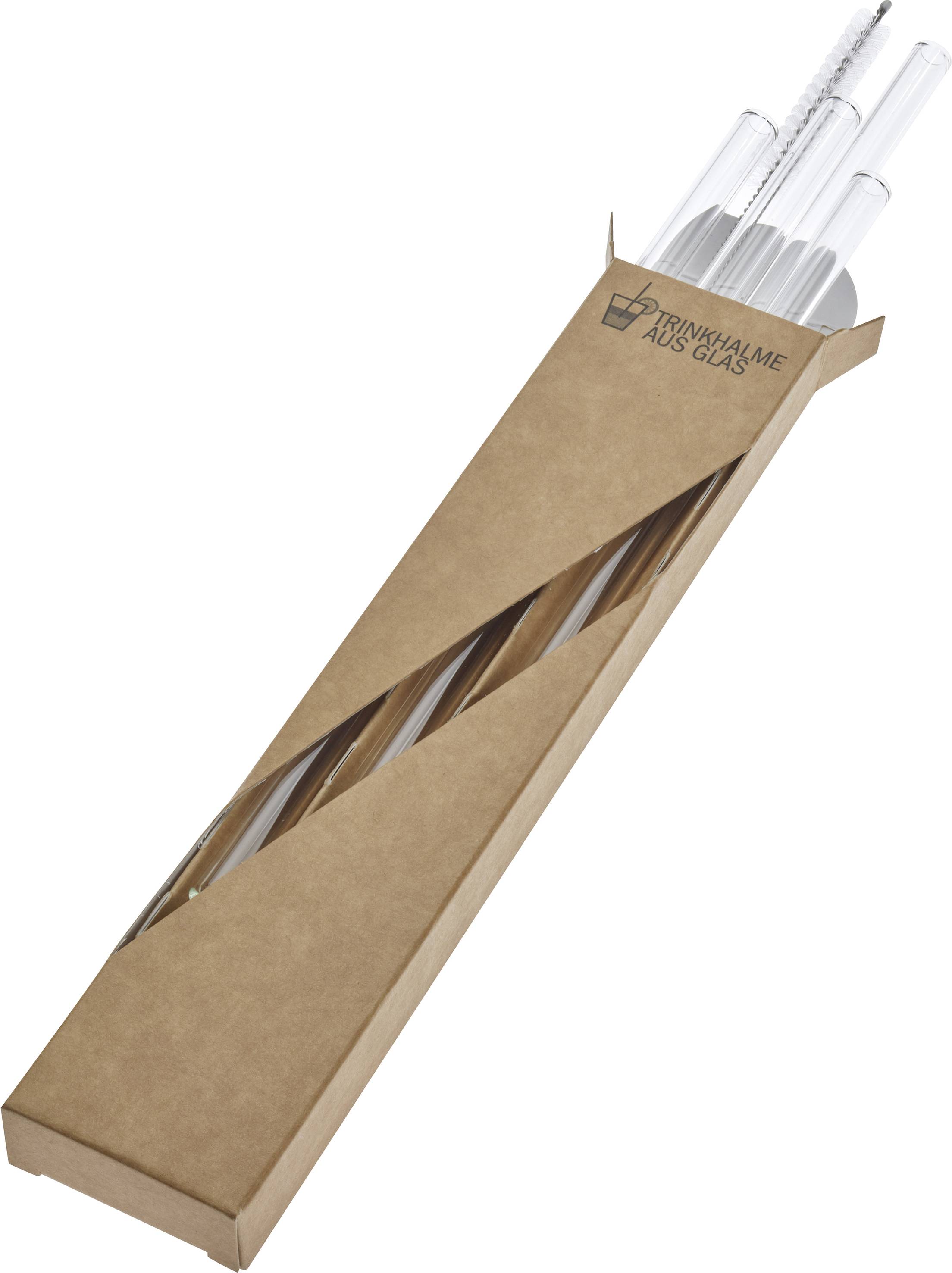 Cardboard packaging with glass drinking straws, standing upright, partially visible through the open side, with text 'Glass Drinking Straws'.