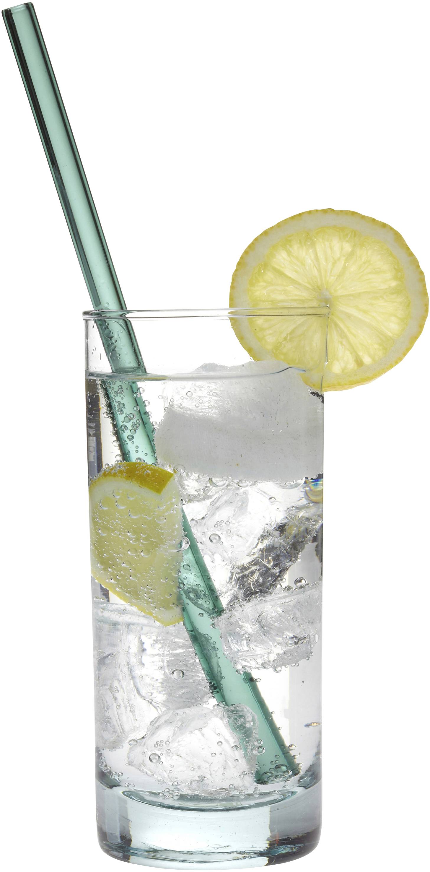 Tall glass of mineral water with ice cubes, lemon slices, and a green straw.