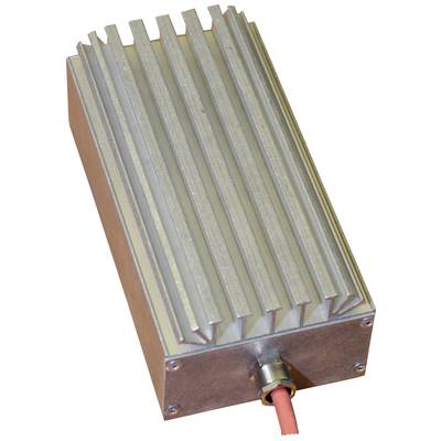 A metal heatsink with fins, to which a cable is attached. Designed to dissipate heat from electronic components.