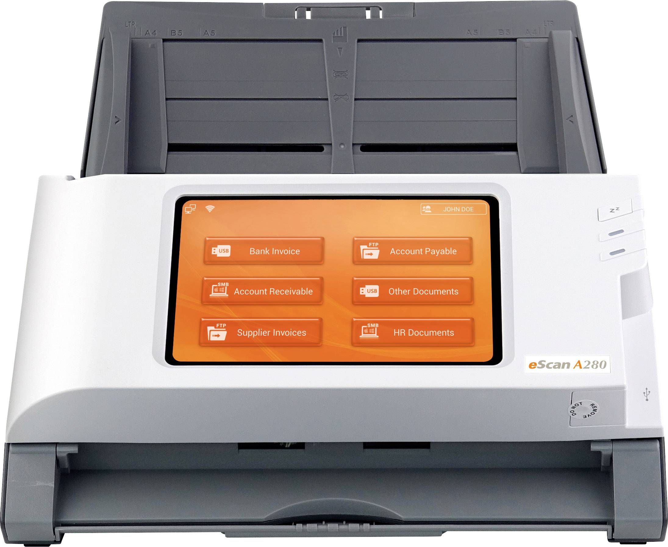 Flatbed scanner with a screen displaying five options: 'Bank Invoice', 'Account Payable', 'Account Receivable', 'Other Documents', 'Supplier Invoices'.