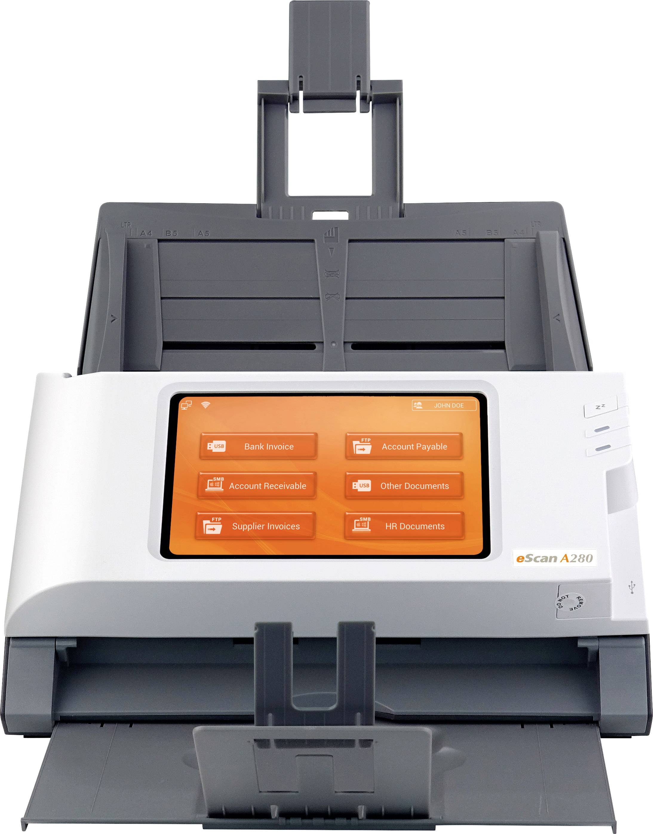 A scanner with a screen displaying various document types such as 'Invoices' and 'Other Documents' for selection.