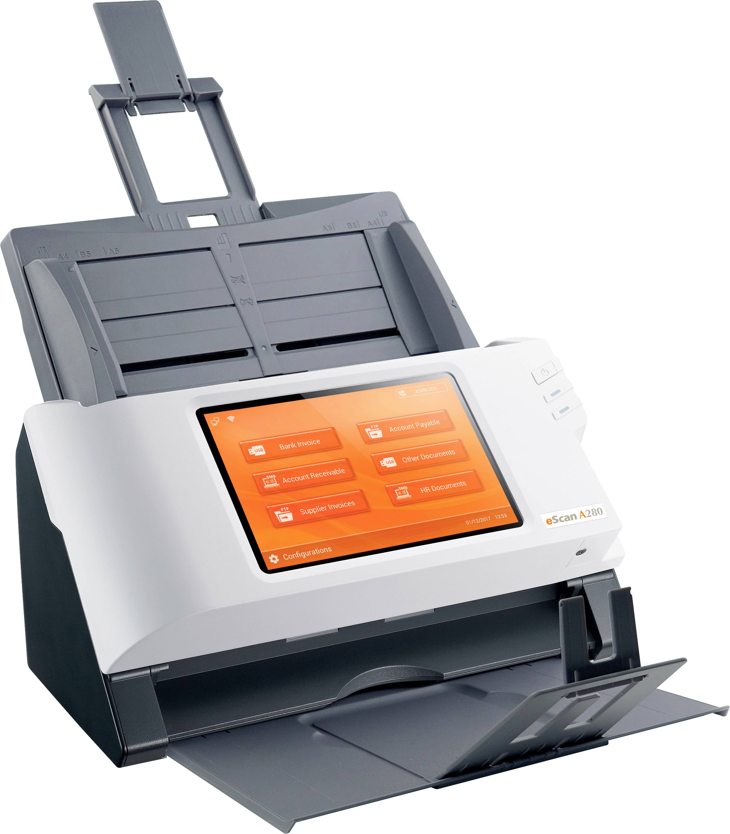 A document scanner with an open document tray and a display showing options for scanning and saving documents.