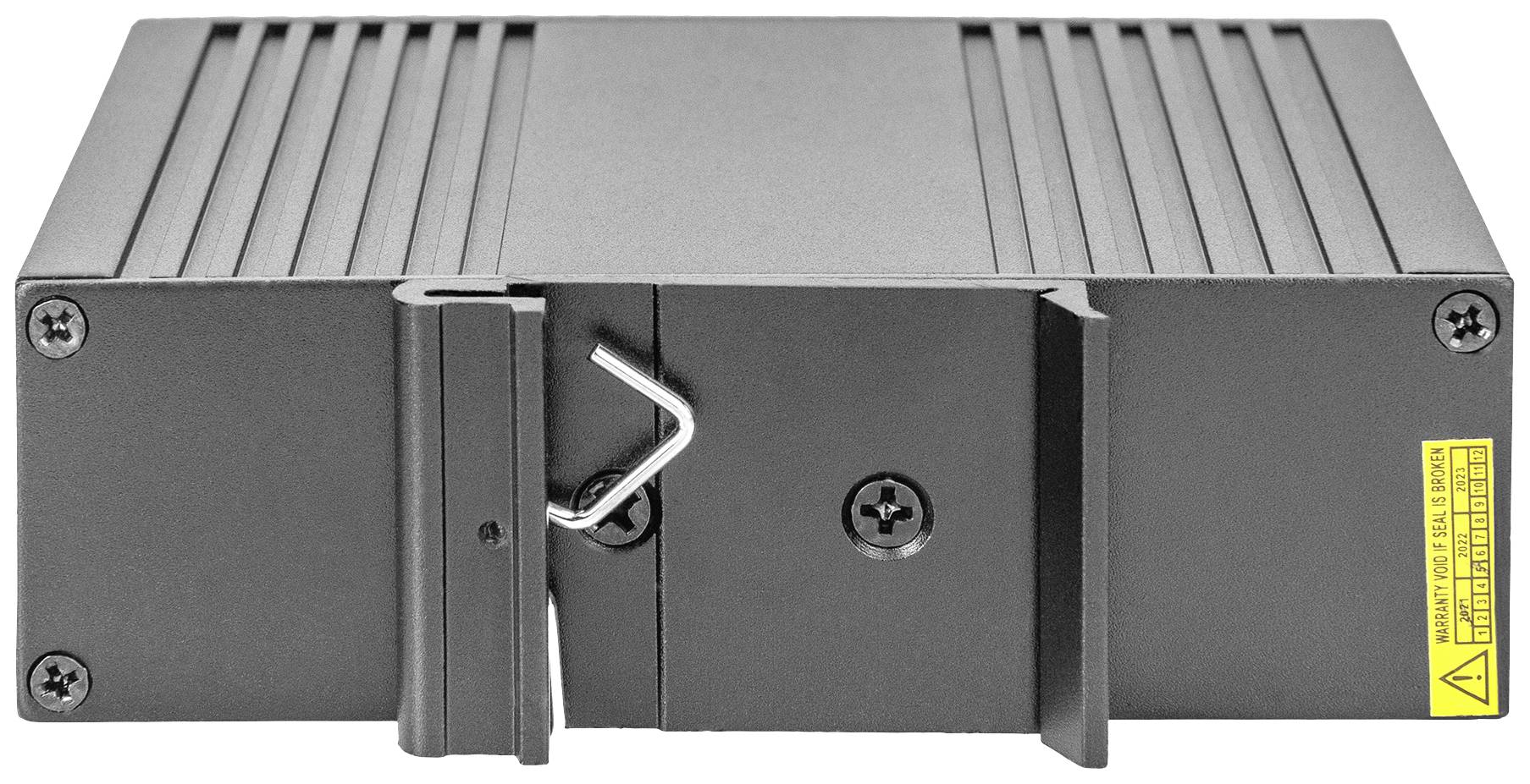 A grey metal bar with grooves, screws, and a hook on the front. A warning notice is affixed to the side.