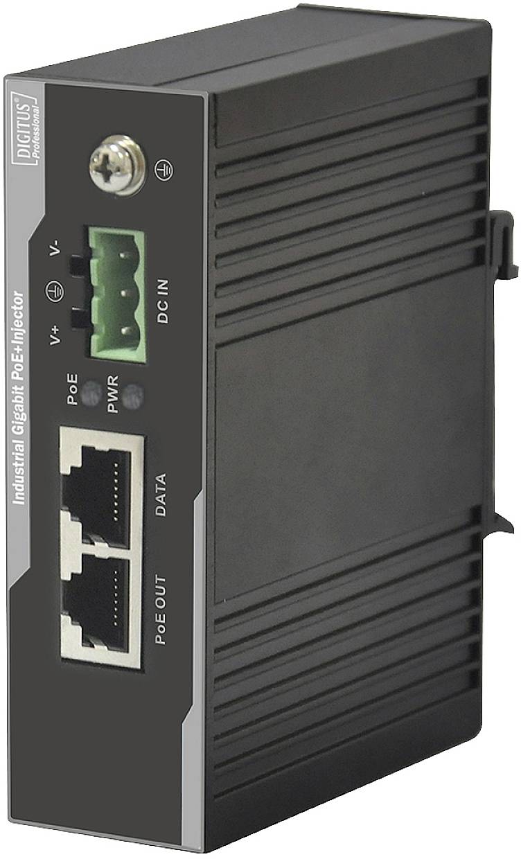 A black industrial gigabit PoE injector with ports for data and power supply. Brand name and model are visible.