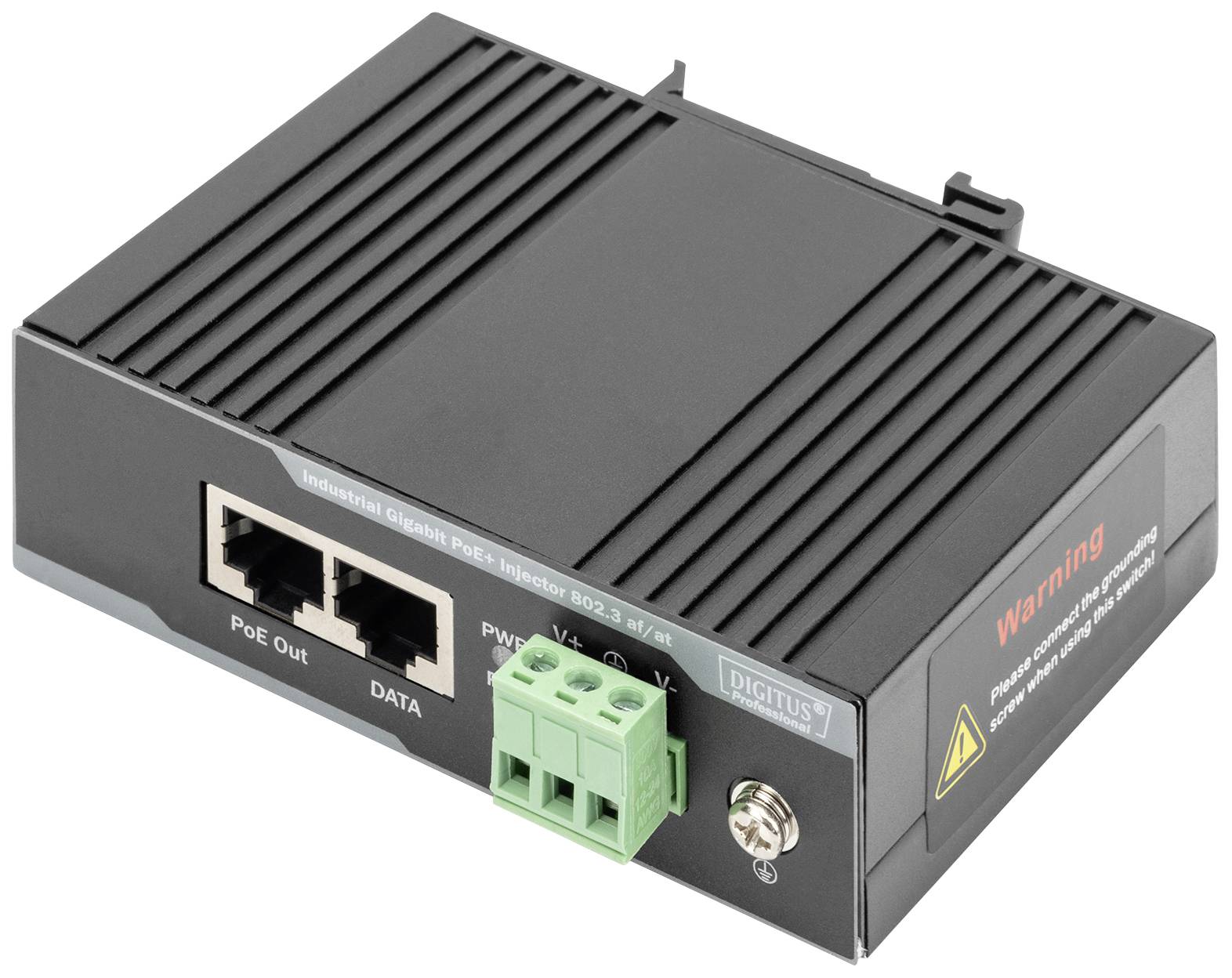 'Industrial Gigabit PoE+ Injector', a black rectangular device with two network ports and a green terminal block.