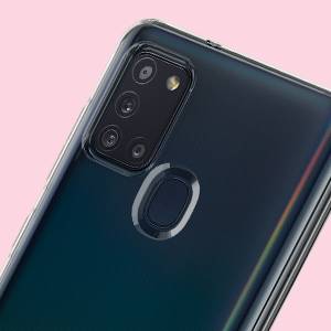 A black smartphone with three camera lenses and a fingerprint sensor on the back, against a pink background.